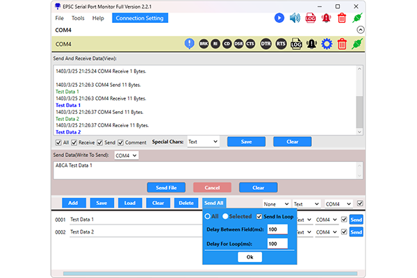 EPSC Serial Port Monitor Send All Setting